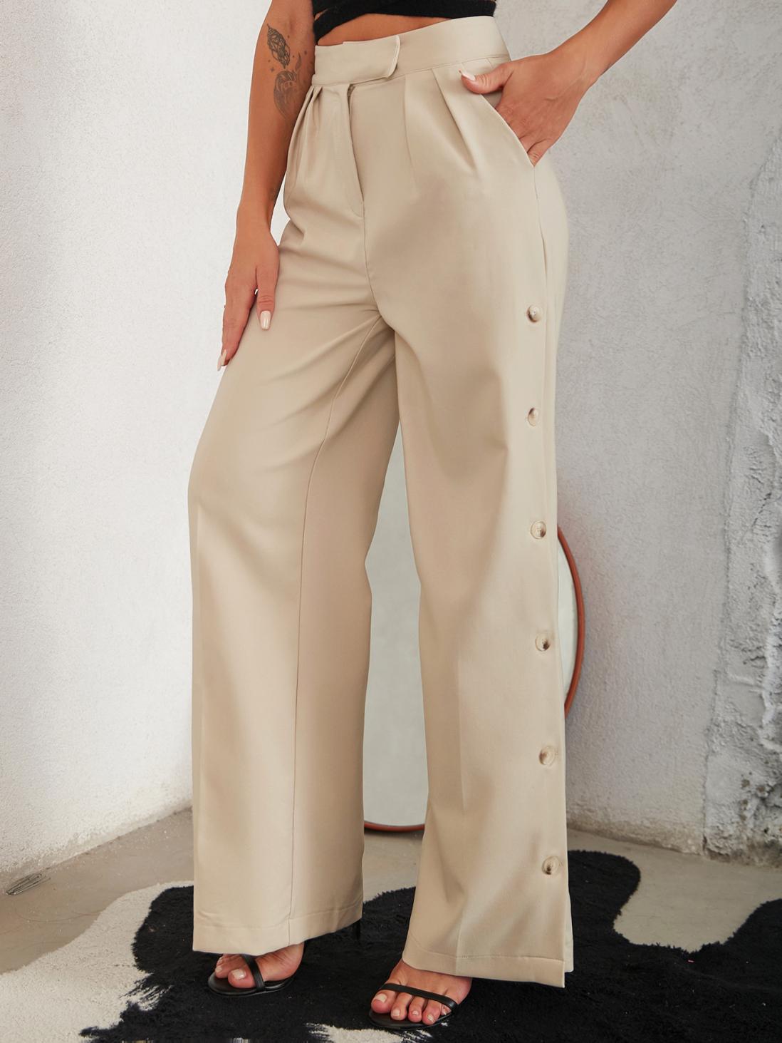 Sue Side Button Pleated Wide Leg Pants