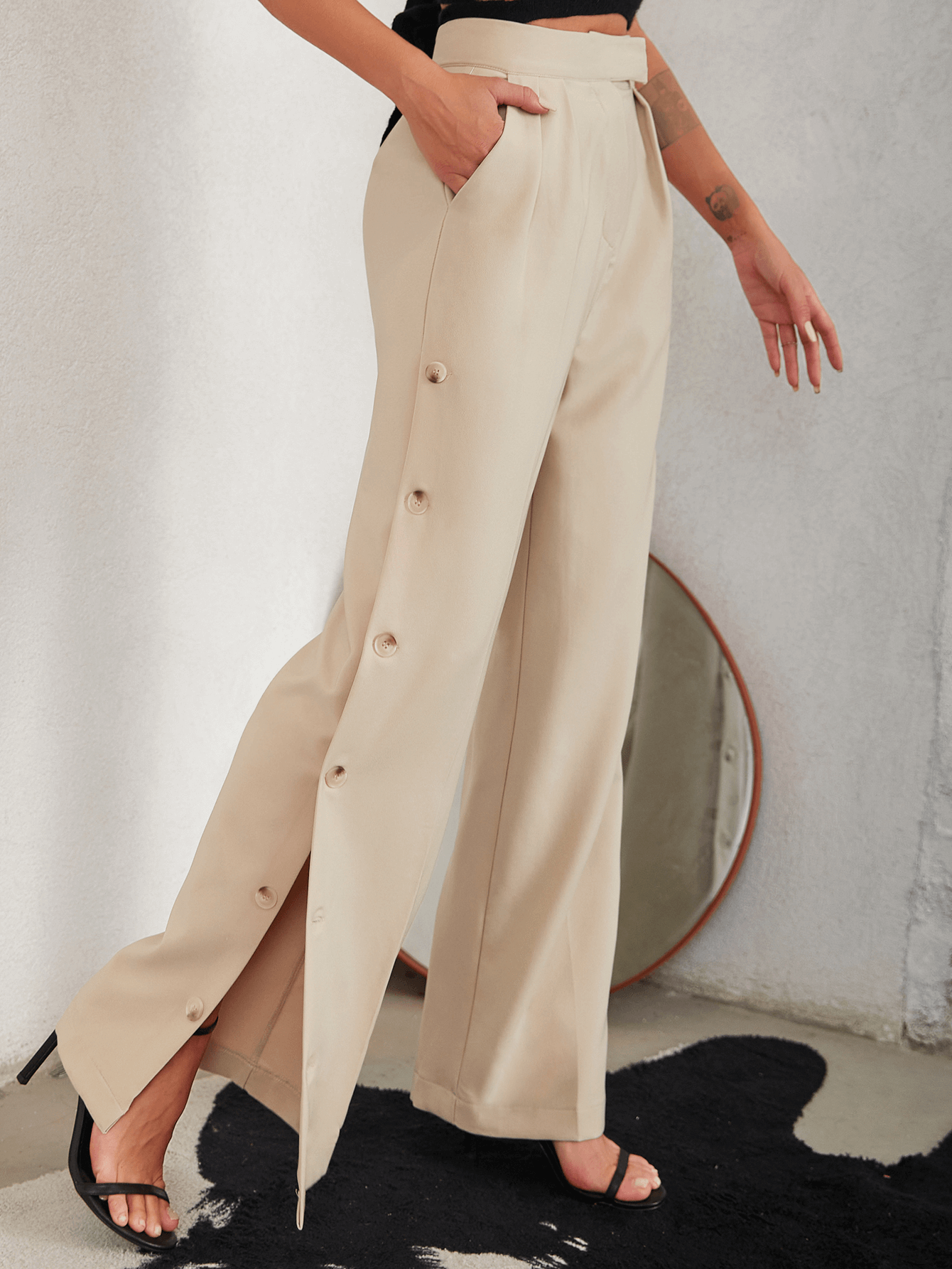 Sue Side Button Pleated Wide Leg Pants