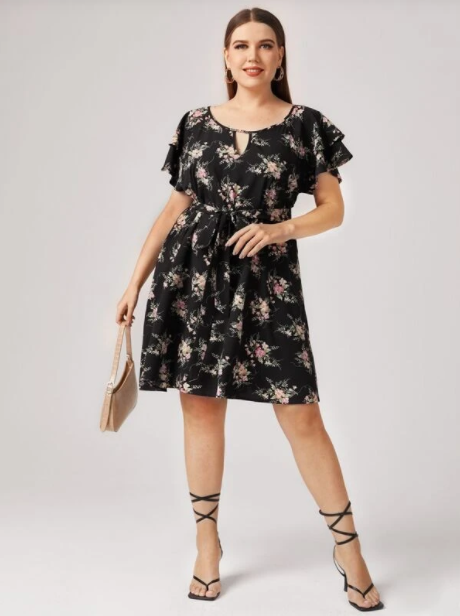 LILI PLUS KEYHOLE NECK BUTTERFLY SLEEVE BELTED FLORAL DRESS