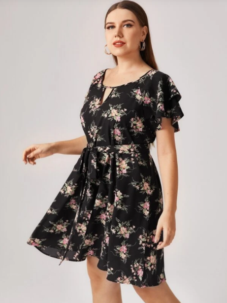 LILI PLUS KEYHOLE NECK BUTTERFLY SLEEVE BELTED FLORAL DRESS