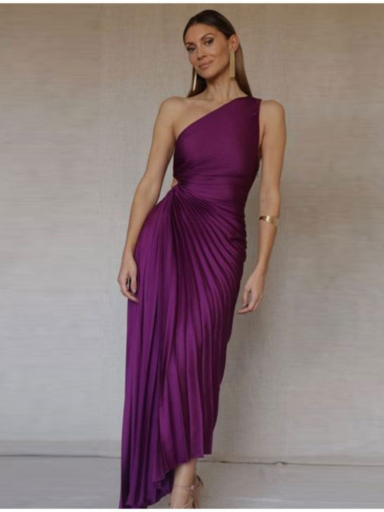 Hillary One Shoulder Pleated Maxi Dress